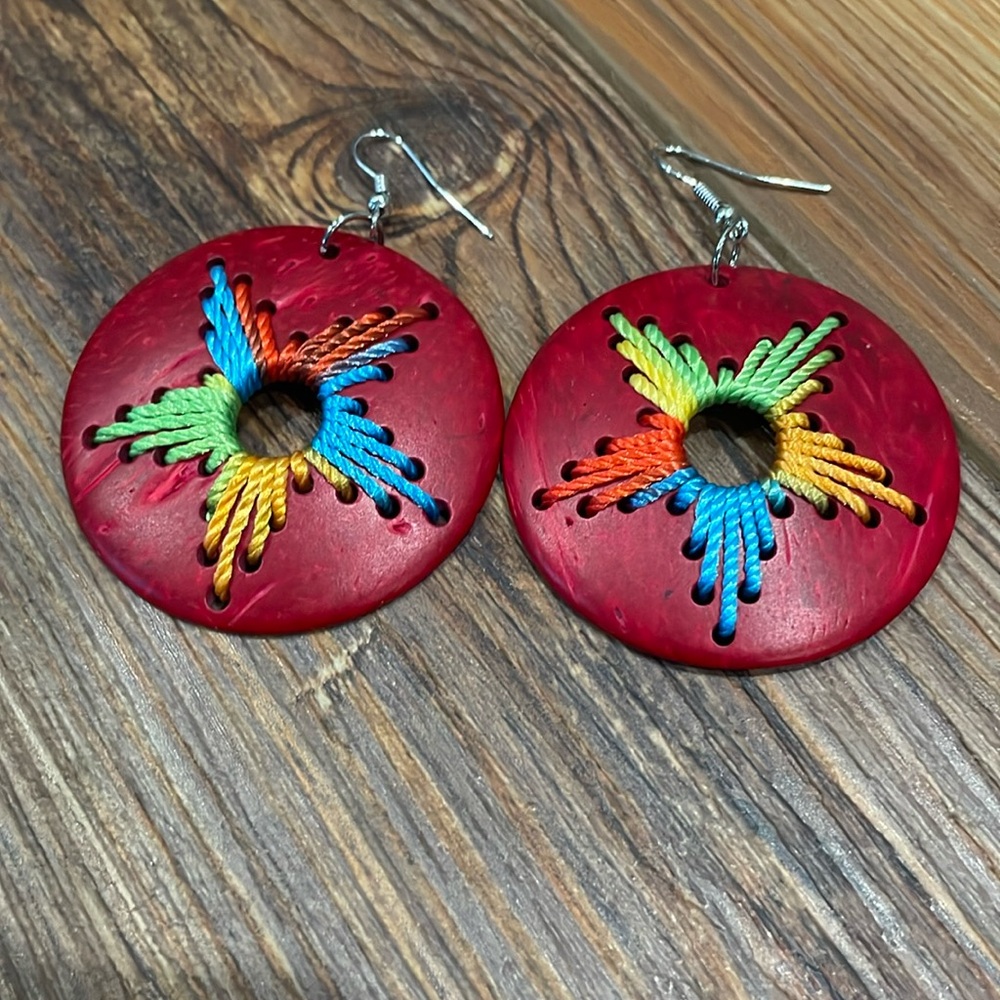 Wooden Round Embroidered Earrings